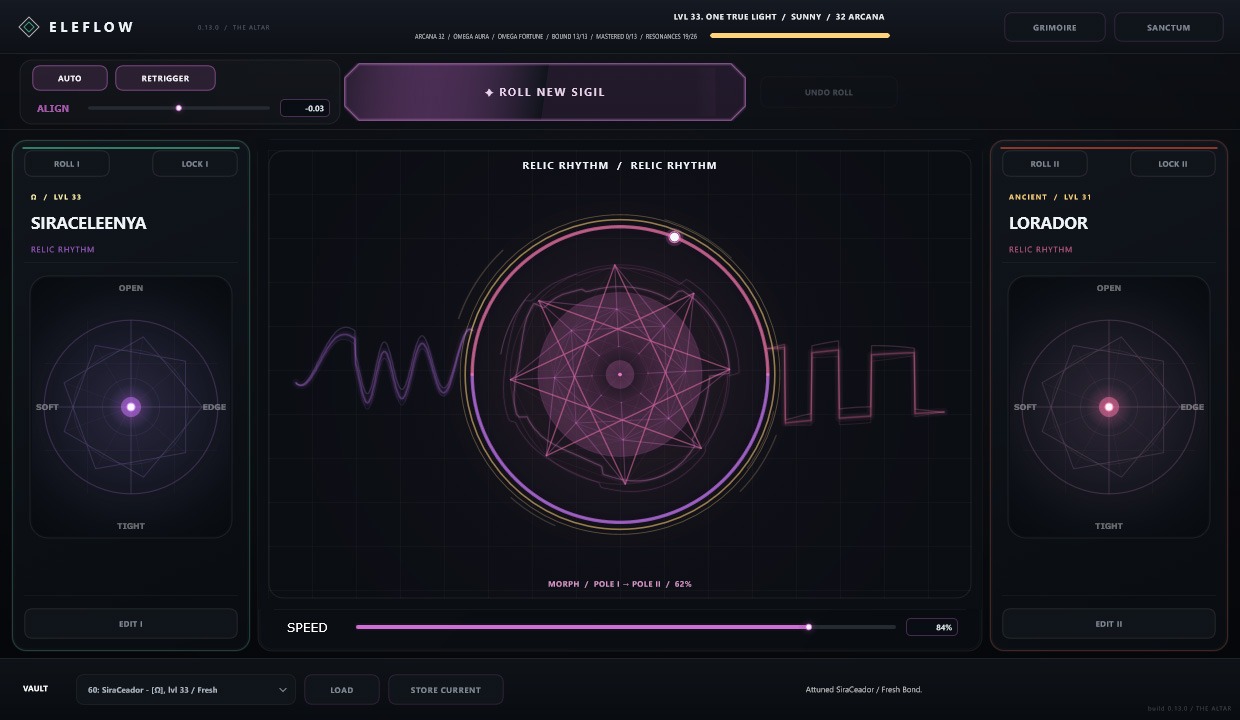 ELEFLOW main plugin interface with two Poles, Motion Pads and the central Flow Ring