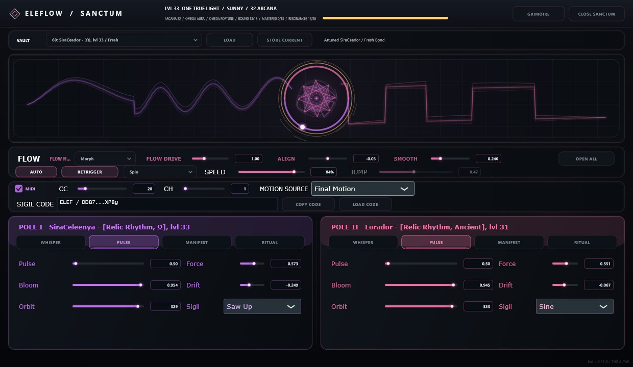 ELEFLOW Sanctum deep editor with Flow, MIDI, Sigil Code and detailed Pole parameters