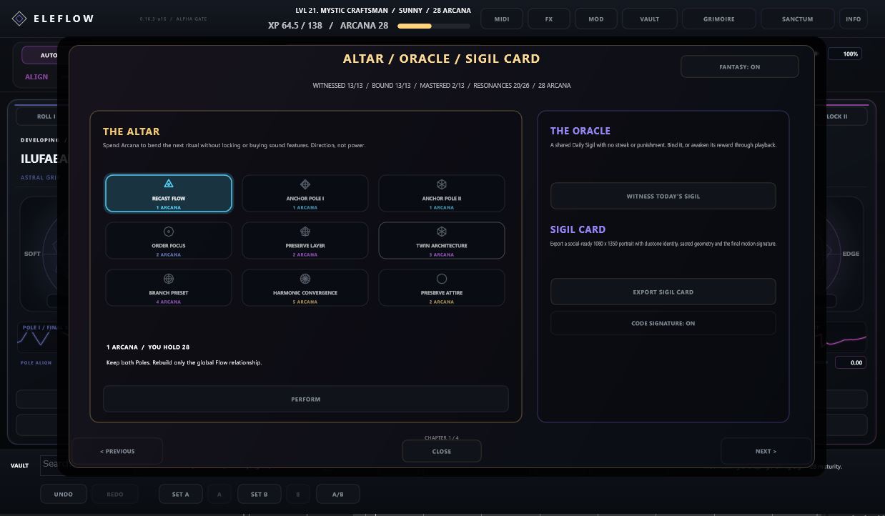 ELEFLOW Altar, Oracle and Sigil Card interface