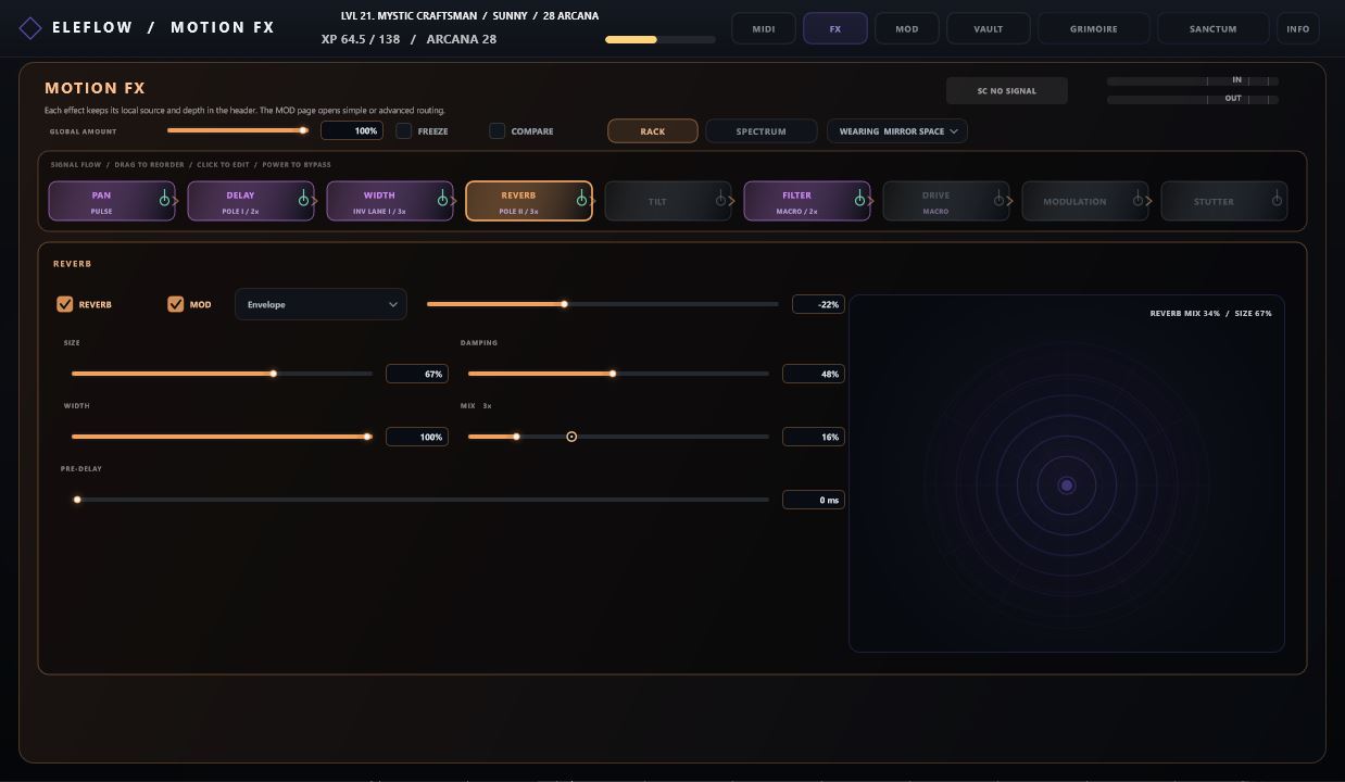ELEFLOW Motion FX page with effect rack and animated reverb controls