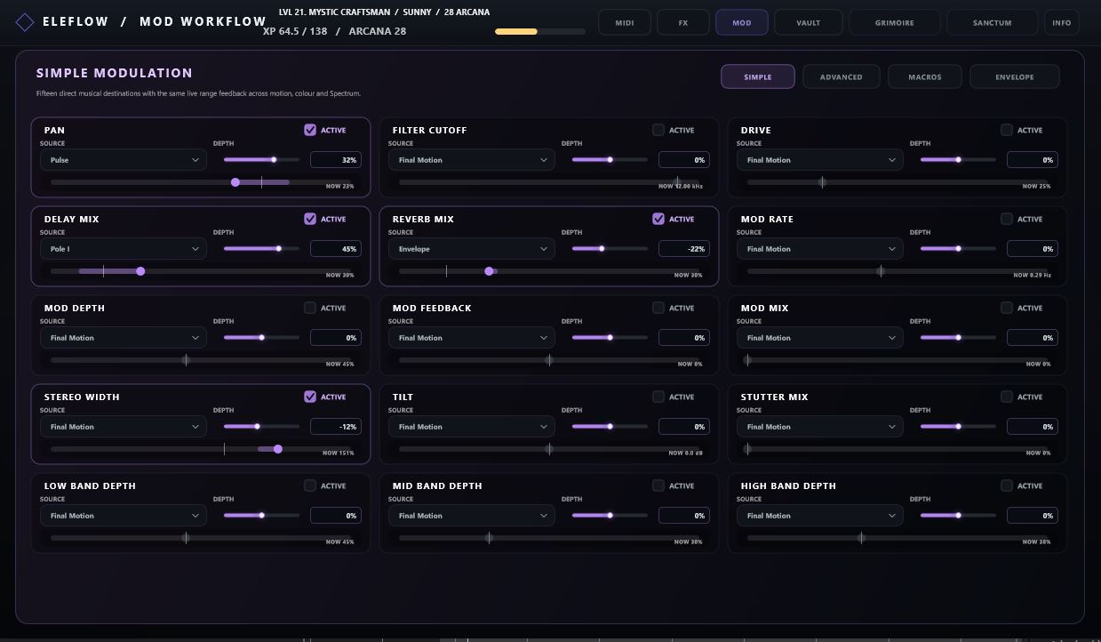 ELEFLOW Mod Workflow page with musical modulation destinations