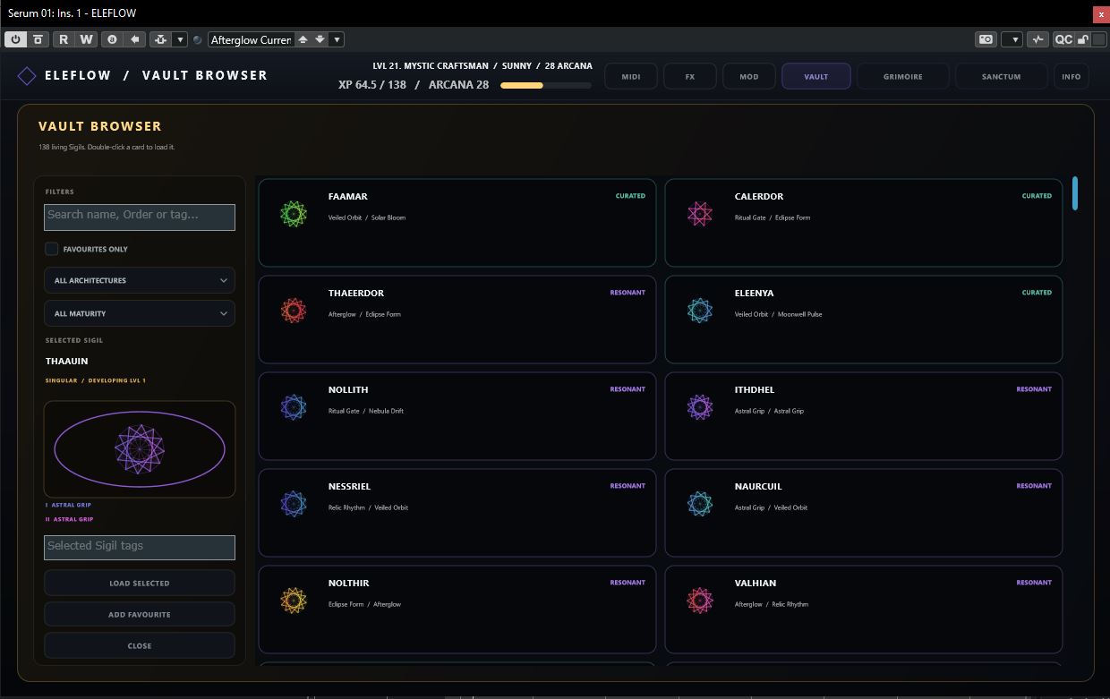 ELEFLOW Vault Browser with living Sigils, filters and favourites